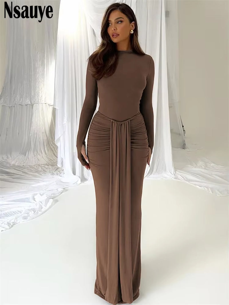 Casual Winter Dress Women Sexy Bandage Chic Fashion Ruched High Waisted Long Sleeve Wrap Night Club Elegant Party Dress