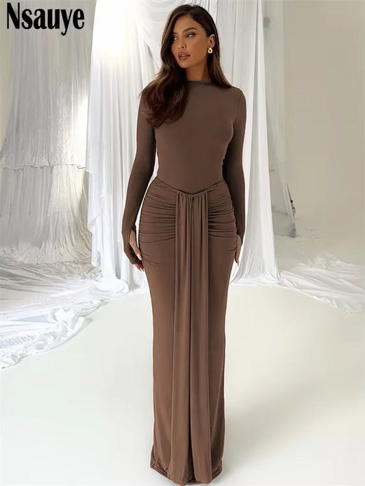 Casual Winter Dress Women Sexy Bandage Chic Fashion Ruched High Waisted Long Sleeve Wrap Night Club Elegant Party Dress