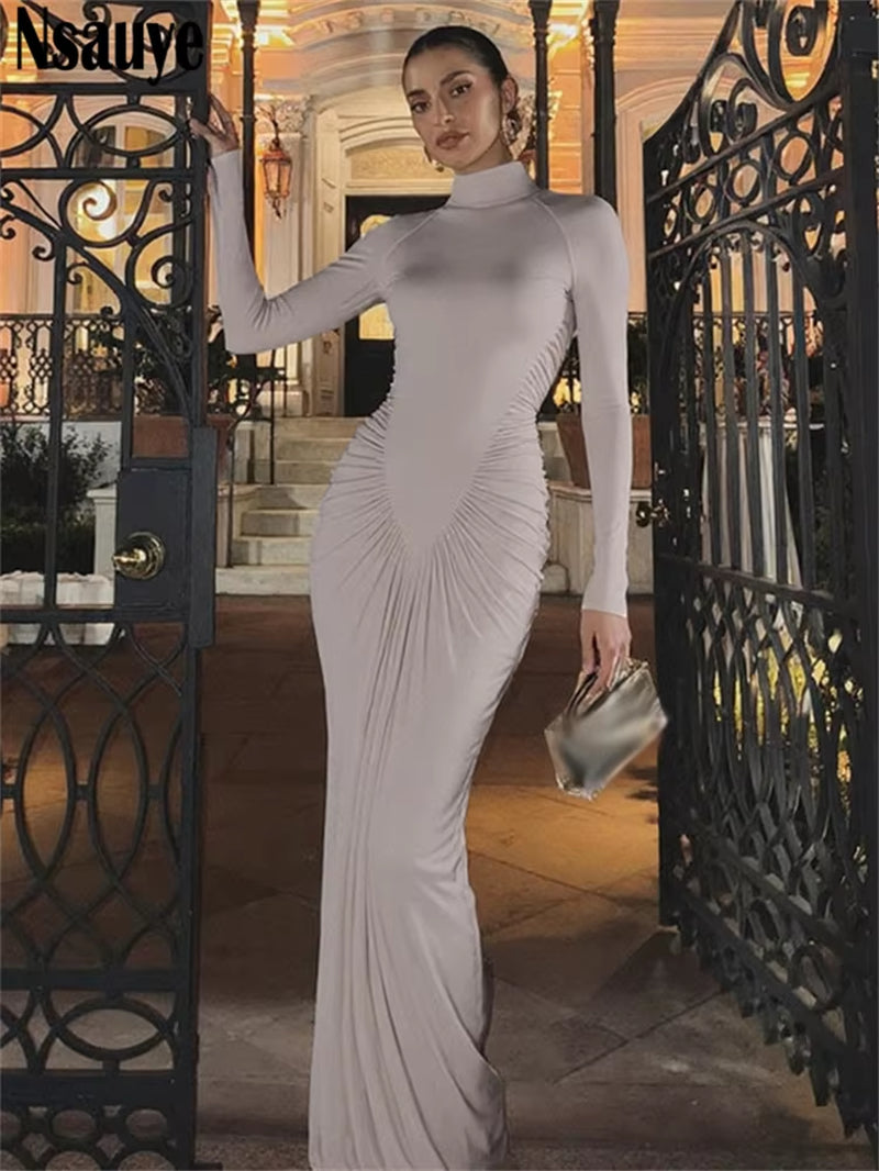 Dress for Women Turtleneck Fashion Sexy Night Club Party Holiday Maxi Evening Bodycon Ruched Dress 2025 Winter Autumn