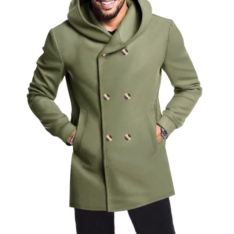 2024 New Korean Men'S Trench Coat Long Spring and Autumn Windproof Warm Casual Fashion Solid Color Hooded Coat