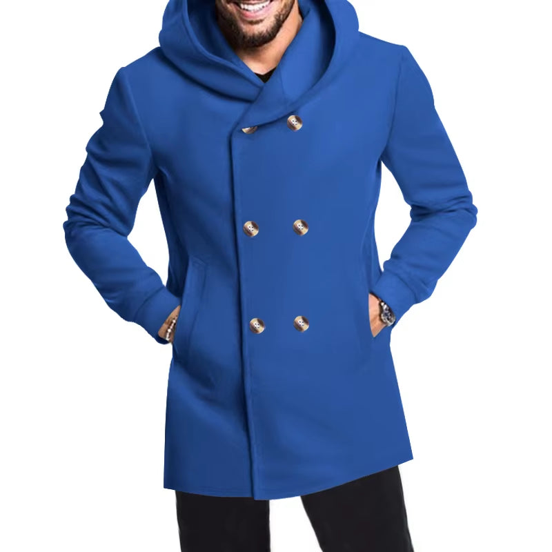 2024 New Korean Men'S Trench Coat Long Spring and Autumn Windproof Warm Casual Fashion Solid Color Hooded Coat