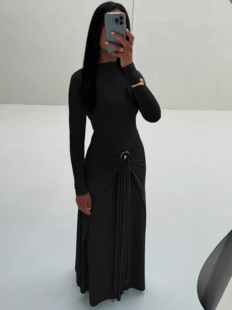 Elegant Long Sleeve Ruched Sexy Maxi Dress Women Gown Autumn Fashion Draped Bodycon Long Dresses Female Clothing