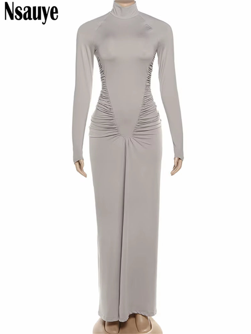 Dress for Women Turtleneck Fashion Sexy Night Club Party Holiday Maxi Evening Bodycon Ruched Dress 2025 Winter Autumn
