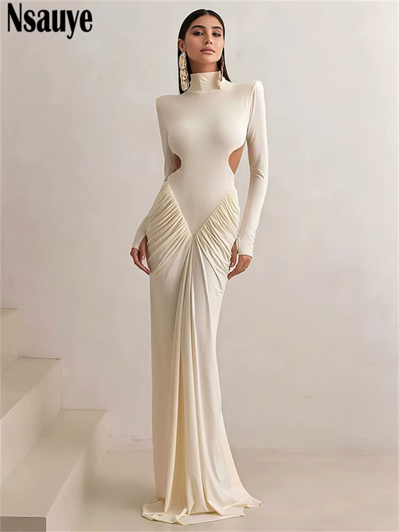 Fashion Elegant Long Sleeve Pullover Sexy Long Sleeve Club Evening Party Maxi Dress Women Turtleneck 2025 Cut Out Dress