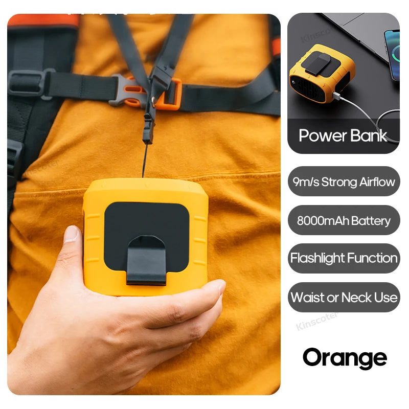 Mini 8000Mah Travel Wearable Waist Fan Camping Outdoor Rechargeable Cooling Fan with Night Light and Power Bank Air Circulator