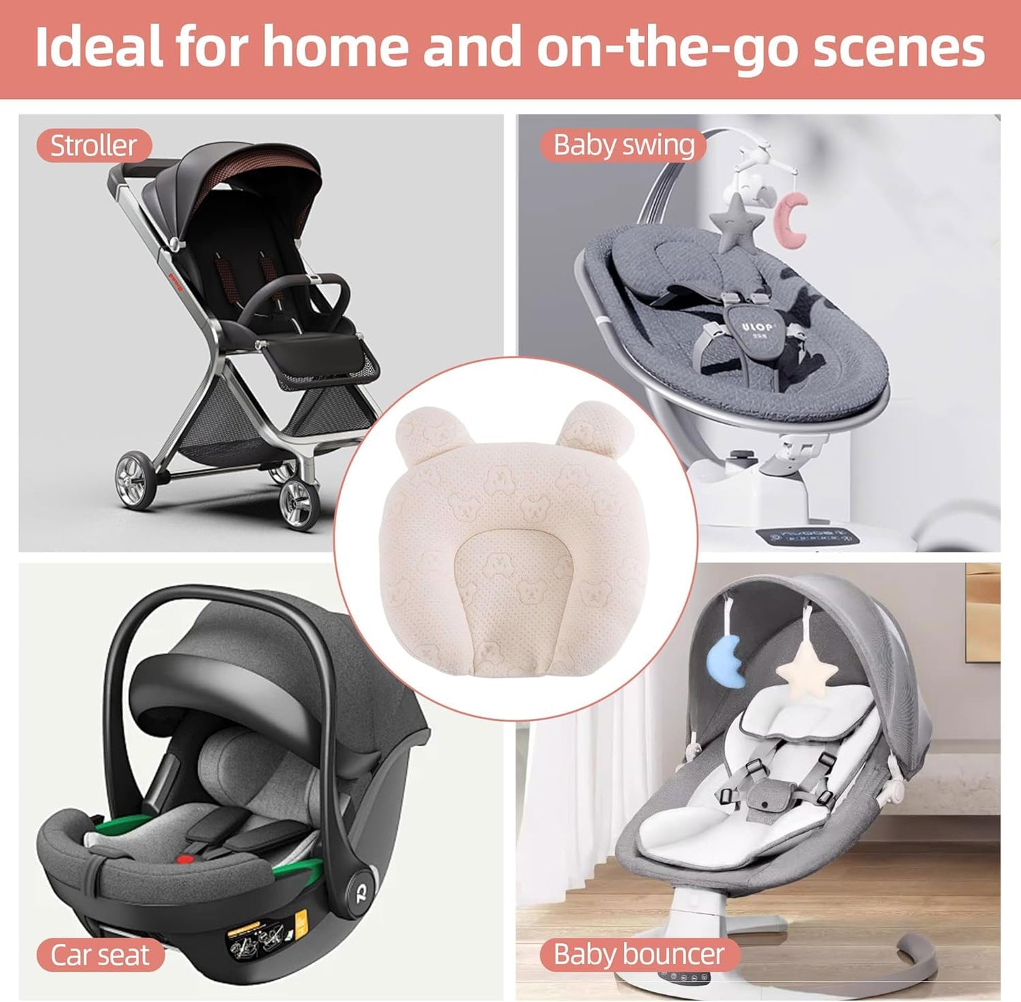 Portable Baby Pillow, Adjustable Cute Cartoon Bear Soft and Cozy Pillow, Ergonomic Design Soft Hypoallergenic Pillows for Newborn Babies Sleeping Prevent Flat Head