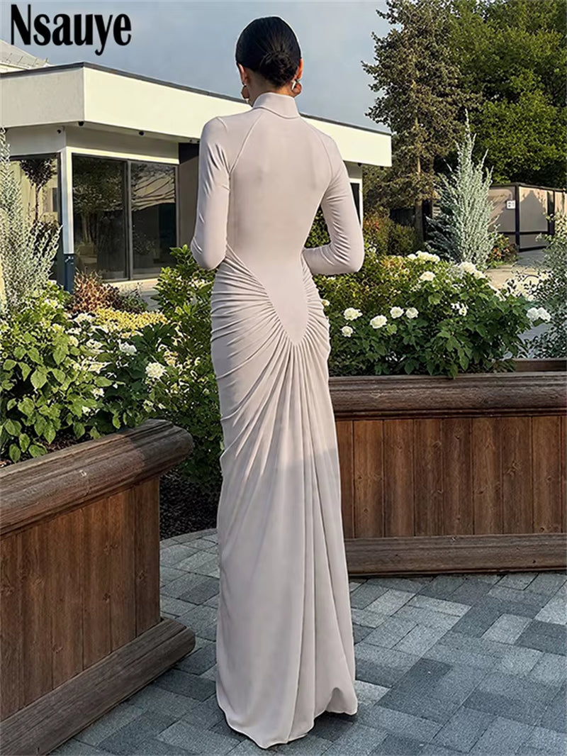 Dress for Women Turtleneck Fashion Sexy Night Club Party Holiday Maxi Evening Bodycon Ruched Dress 2025 Winter Autumn