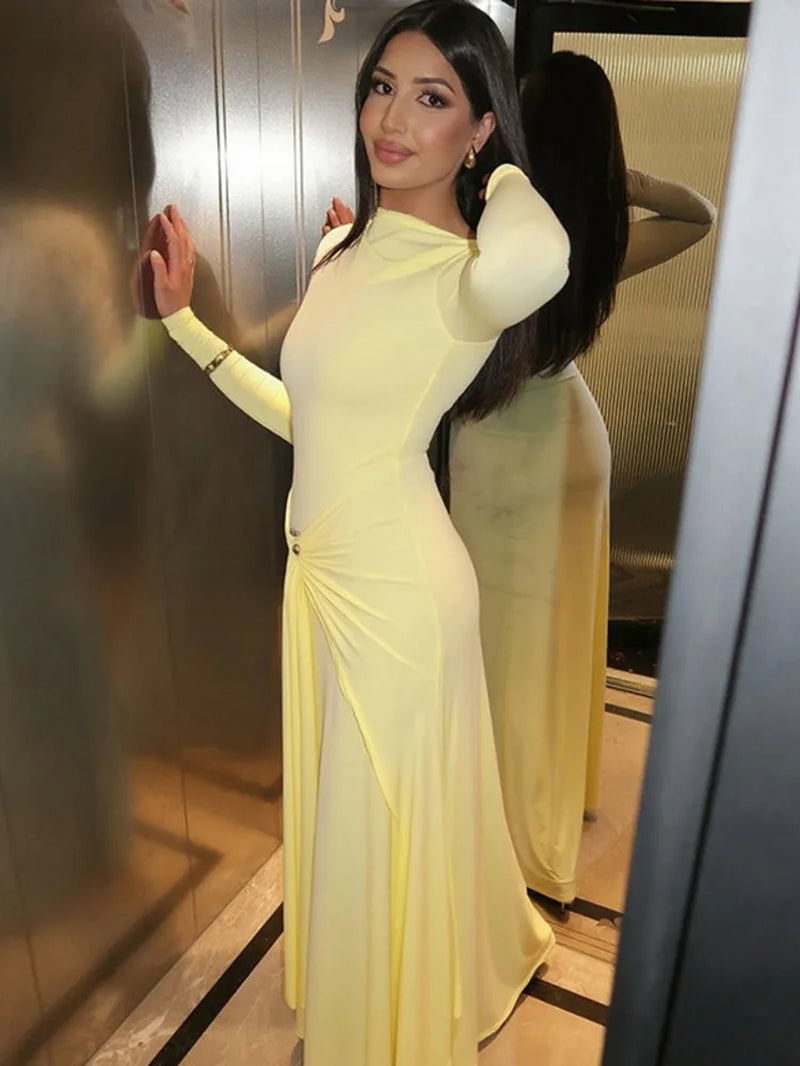 Elegant Long Sleeve Ruched Sexy Maxi Dress Women Gown Autumn Fashion Draped Bodycon Long Dresses Female Clothing
