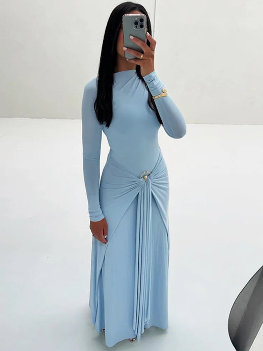 Elegant Long Sleeve Ruched Sexy Maxi Dress Women Gown Autumn Fashion Draped Bodycon Long Dresses Female Clothing