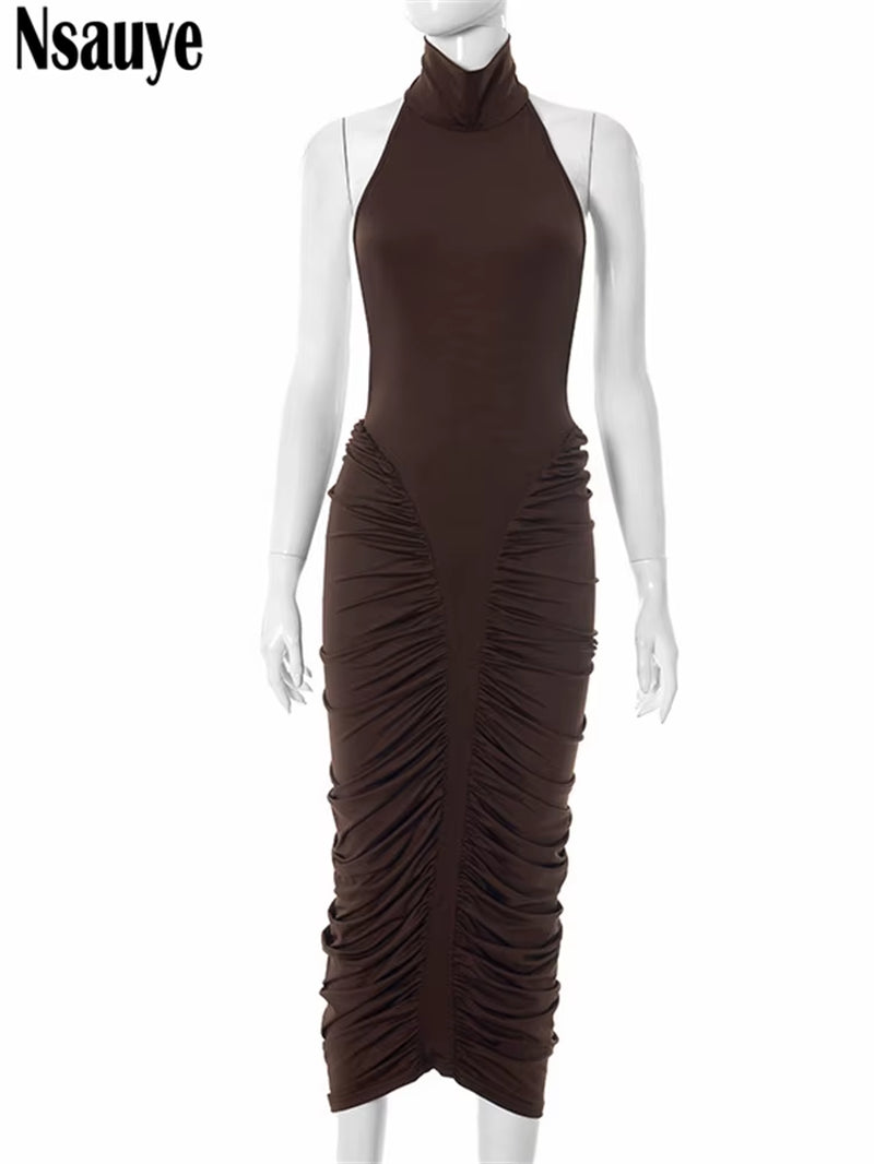 Pullover Halter Women Sexy Ruched Long High Waisted Night Club Dress Evening Party 2025 Summer Elegant Backless Dresses