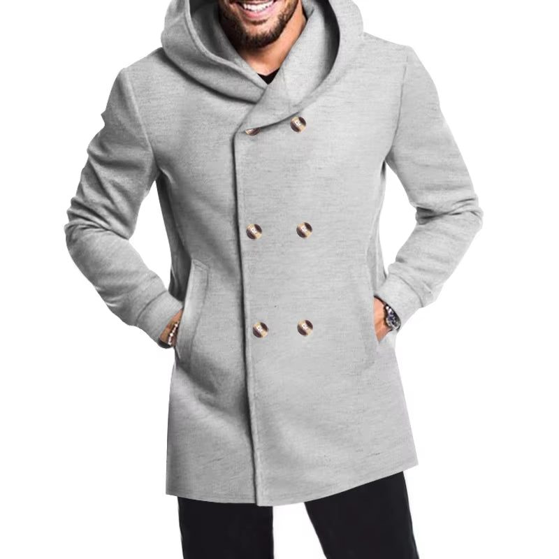 2024 New Korean Men'S Trench Coat Long Spring and Autumn Windproof Warm Casual Fashion Solid Color Hooded Coat