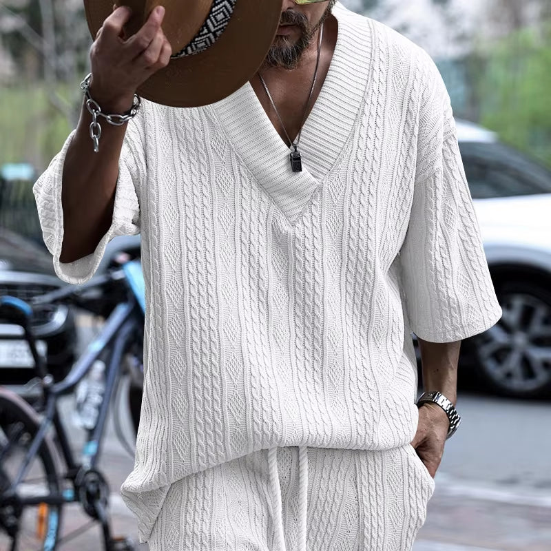 Men'S Summer American-Style Knitted Sweater Loose Perforated Jacquard V-Neck Short-Sleeved Casual Knitwear