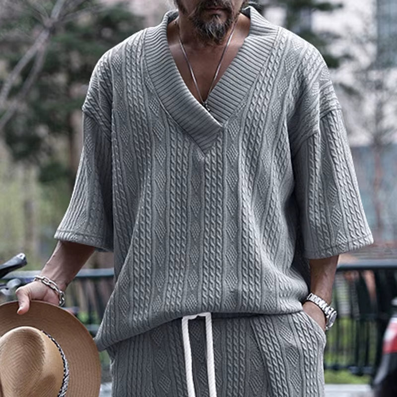 Men'S Summer American-Style Knitted Sweater Loose Perforated Jacquard V-Neck Short-Sleeved Casual Knitwear