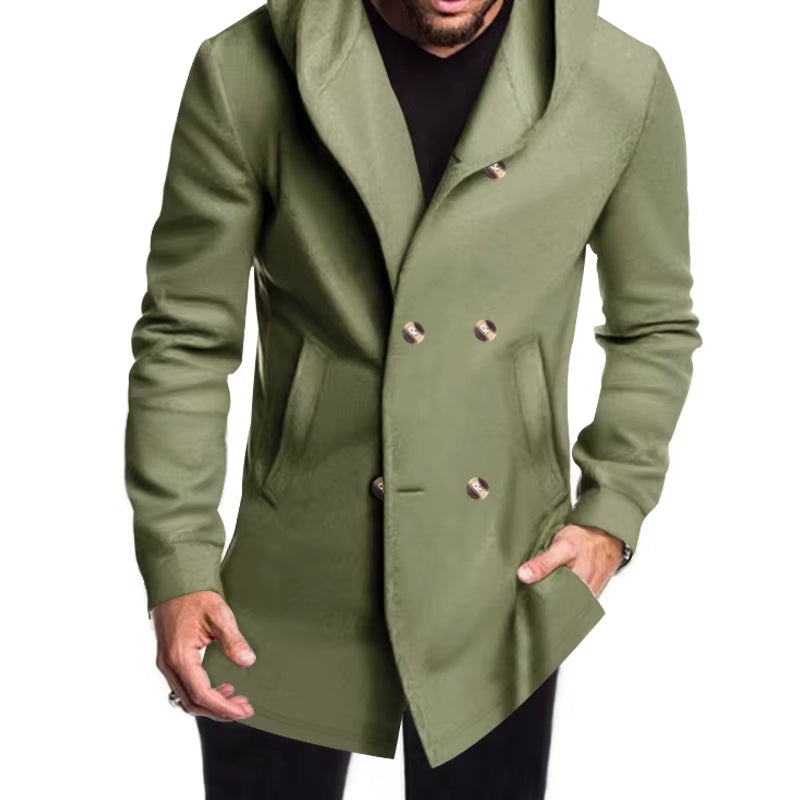 2024 New Korean Men'S Trench Coat Long Spring and Autumn Windproof Warm Casual Fashion Solid Color Hooded Coat