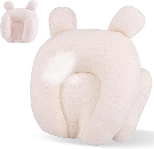 Portable Baby Pillow, Adjustable Cute Cartoon Bear Soft and Cozy Pillow, Ergonomic Design Soft Hypoallergenic Pillows for Newborn Babies Sleeping Prevent Flat Head