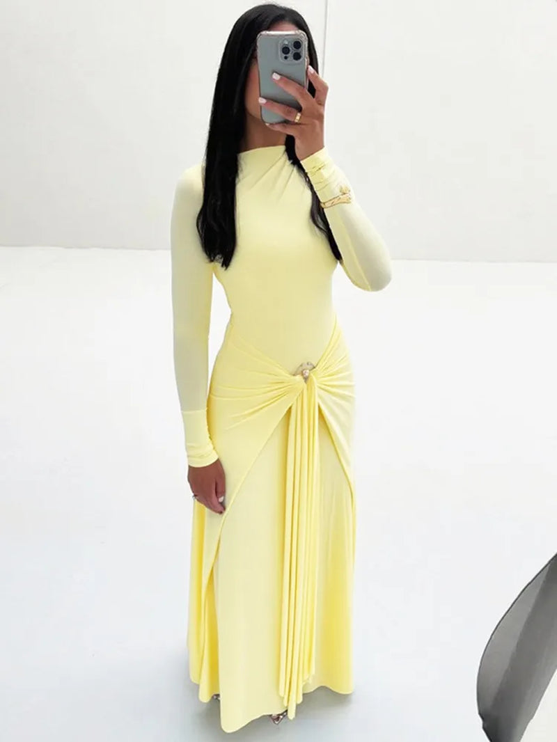 Elegant Long Sleeve Ruched Sexy Maxi Dress Women Gown Autumn Fashion Draped Bodycon Long Dresses Female Clothing