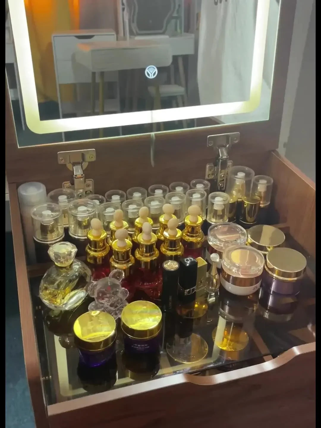 Elegant White Vanity Table with LED Mirror Makeup Dressing Desk & Bedroom Nightstand with Storage Drawers