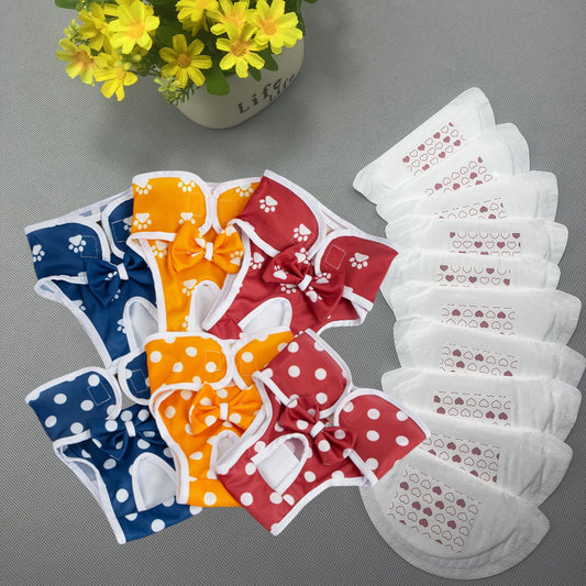Reusable Female Dog Heat Cycle Diaper Set with 10 Absorbent Pads