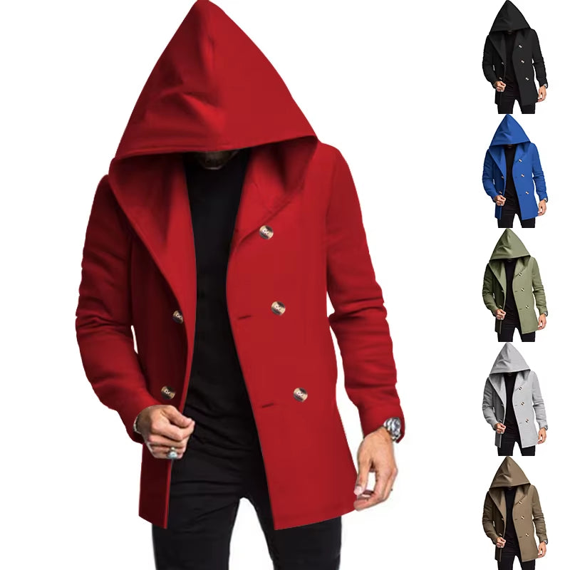 2024 New Korean Men'S Trench Coat Long Spring and Autumn Windproof Warm Casual Fashion Solid Color Hooded Coat