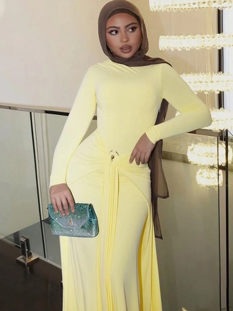 Elegant Long Sleeve Ruched Sexy Maxi Dress Women Gown Autumn Fashion Draped Bodycon Long Dresses Female Clothing