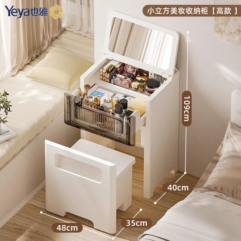 Dresser, Chest, Integrated Small Cosmetic Table, Bedroom Simple Flip Bay Window, Bedside Storage Cabinet, Cream Wind