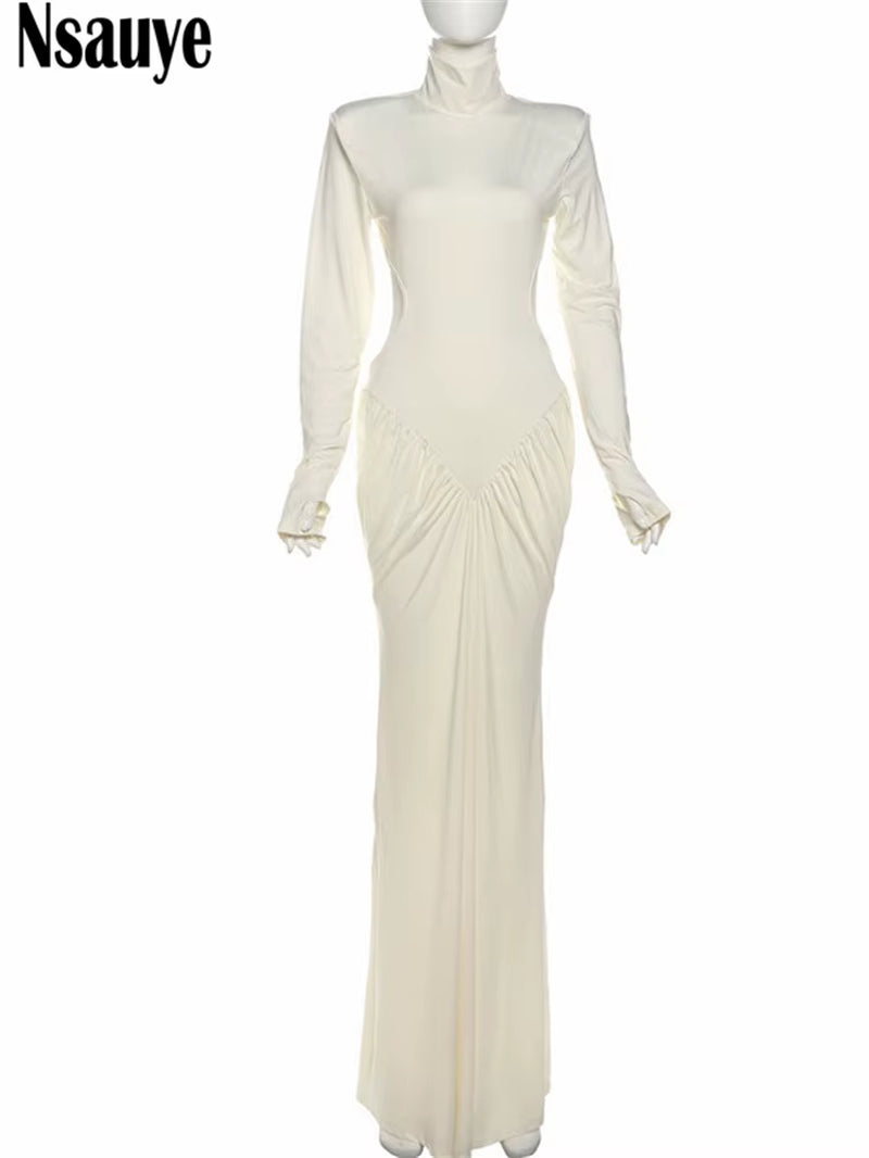 Fashion Elegant Long Sleeve Pullover Sexy Long Sleeve Club Evening Party Maxi Dress Women Turtleneck 2025 Cut Out Dress