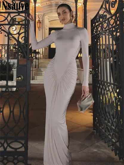 Dress for Women Turtleneck Fashion Sexy Night Club Party Holiday Maxi Evening Bodycon Ruched Dress 2025 Winter Autumn