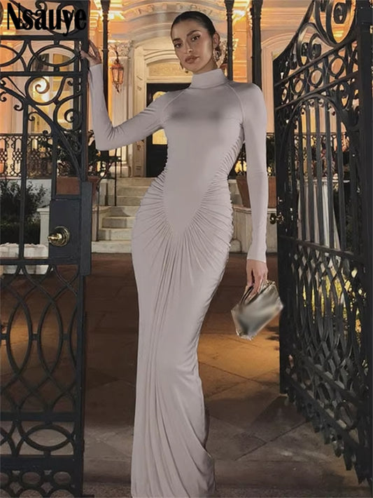 Dress for Women Turtleneck Fashion Sexy Night Club Party Holiday Maxi Evening Bodycon Ruched Dress 2025 Winter Autumn