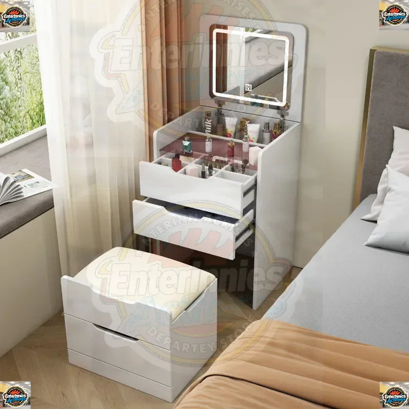 Elegant White Vanity Table with LED Mirror Makeup Dressing Desk & Bedroom Nightstand with Storage Drawers