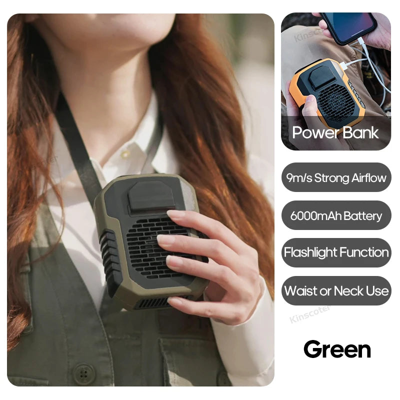 Mini 8000Mah Travel Wearable Waist Fan Camping Outdoor Rechargeable Cooling Fan with Night Light and Power Bank Air Circulator