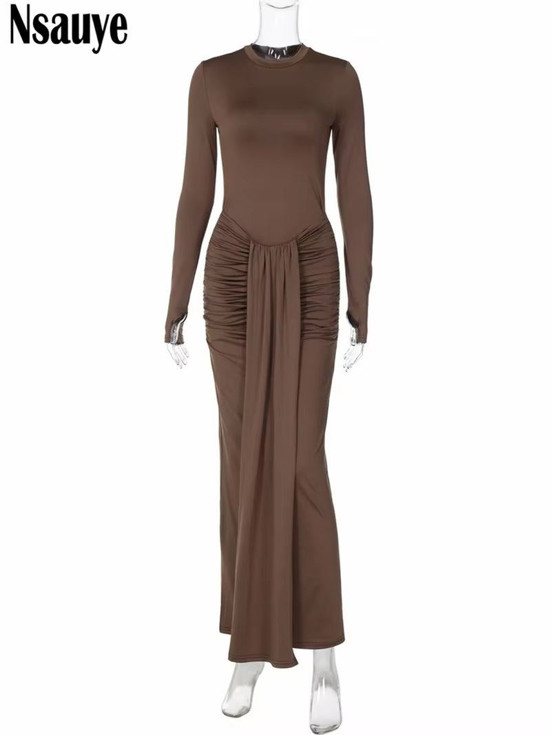 Casual Winter Dress Women Sexy Bandage Chic Fashion Ruched High Waisted Long Sleeve Wrap Night Club Elegant Party Dress