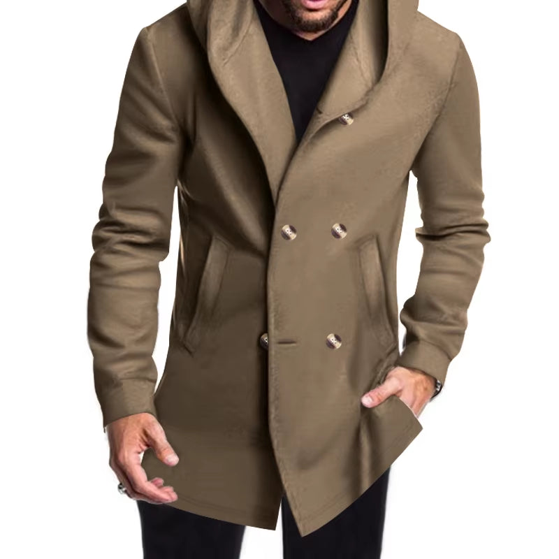 2024 New Korean Men'S Trench Coat Long Spring and Autumn Windproof Warm Casual Fashion Solid Color Hooded Coat