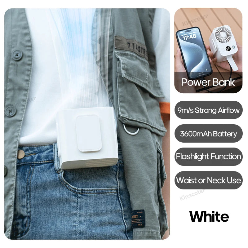 Mini 8000Mah Travel Wearable Waist Fan Camping Outdoor Rechargeable Cooling Fan with Night Light and Power Bank Air Circulator