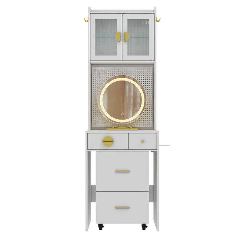 3 Draws 2 Doors 1LED3 Color Tone Light Touch Large round Mirror Dressing Table Set