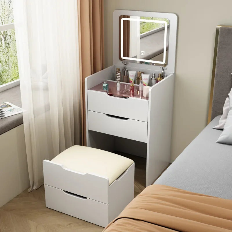 Elegant White Vanity Table with LED Mirror Makeup Dressing Desk & Bedroom Nightstand with Storage Drawers