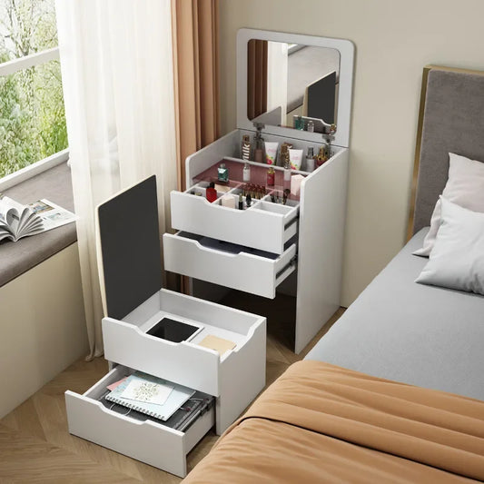 Elegant White Vanity Table with LED Mirror Makeup Dressing Desk & Bedroom Nightstand with Storage Drawers