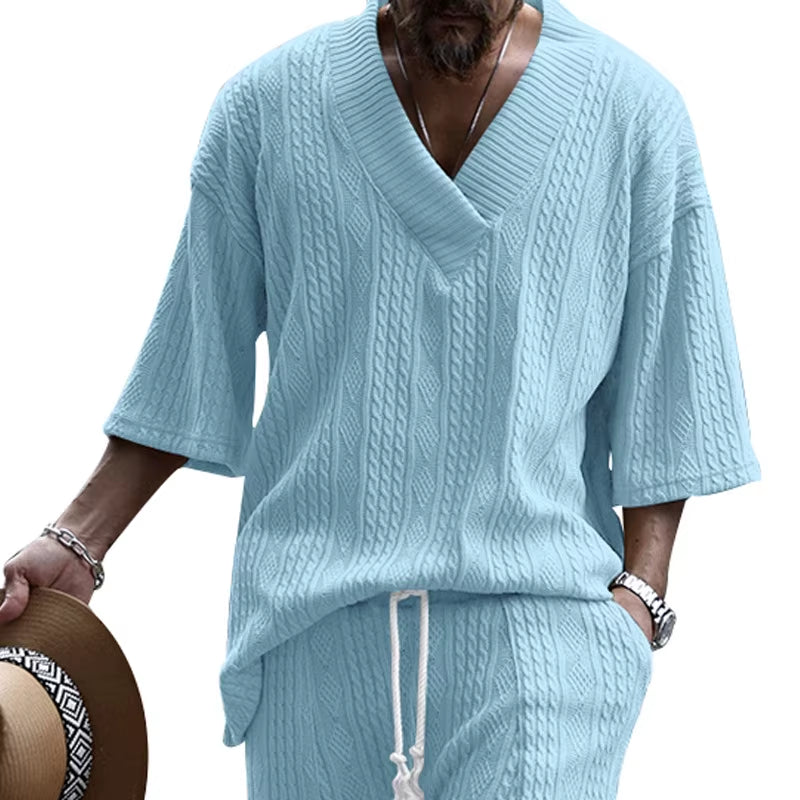 Men'S Summer American-Style Knitted Sweater Loose Perforated Jacquard V-Neck Short-Sleeved Casual Knitwear