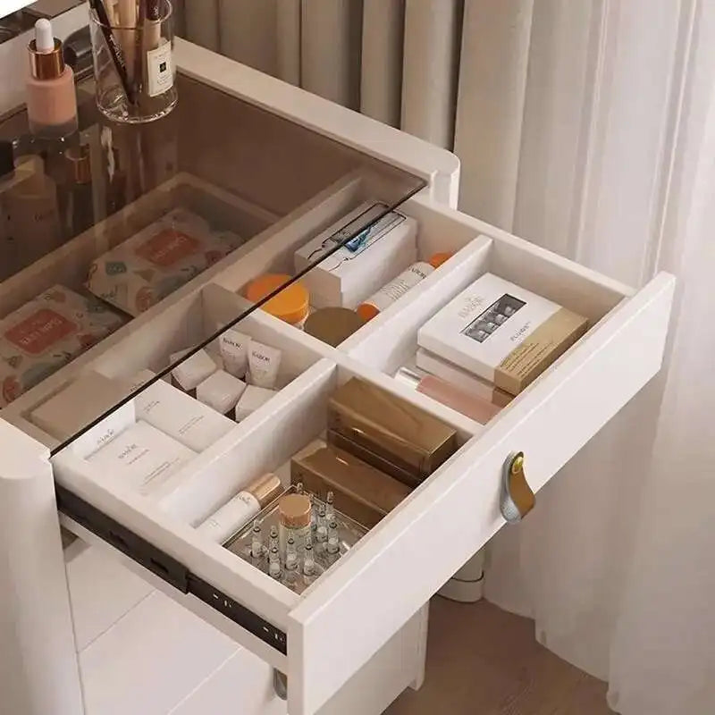 Modern Dressing Table Set with Flip Top 3 Lighting Color Mirror Nightstands White Makeup Table Vanity Desk with Internal Storage