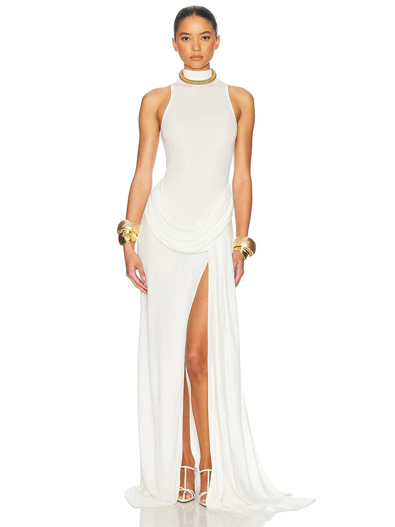 Turtleneck Off-Shoulder Sleeveless Thigh Split High Waist Pleated Maxi Dress for Women Elegant Fashion Club Party Dress