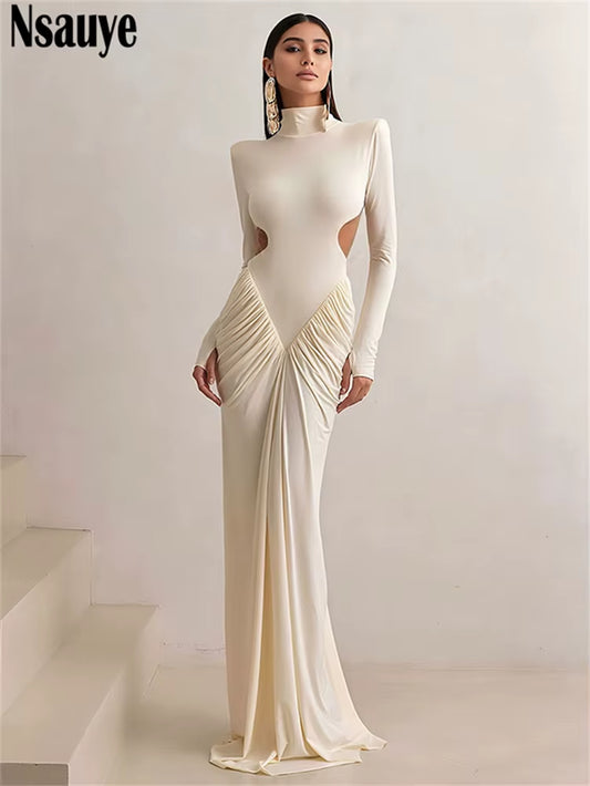 Fashion Elegant Long Sleeve Pullover Sexy Long Sleeve Club Evening Party Maxi Dress Women Turtleneck 2025 Cut Out Dress