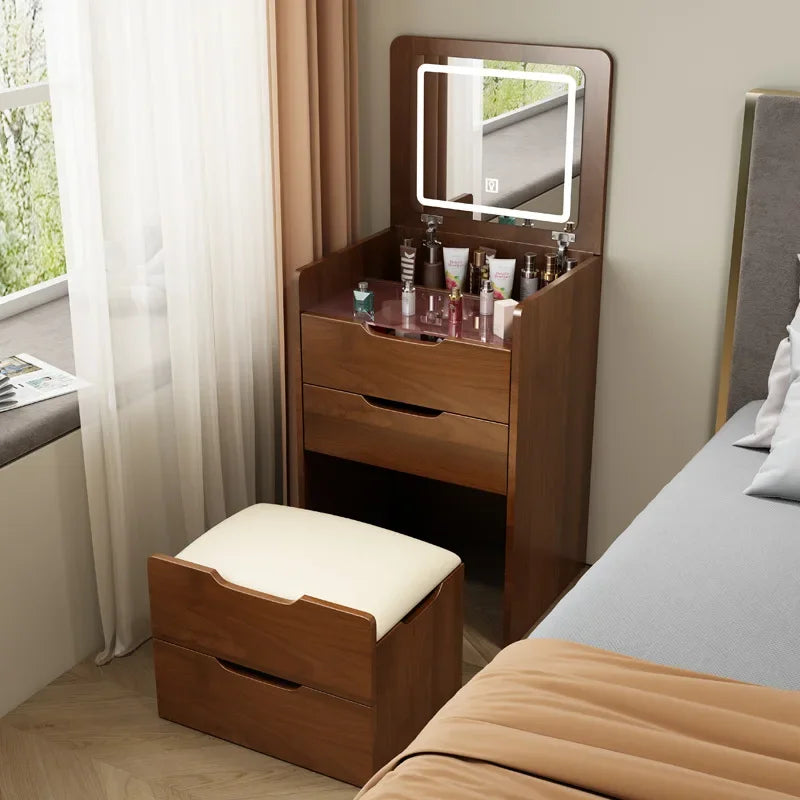 Elegant White Vanity Table with LED Mirror Makeup Dressing Desk & Bedroom Nightstand with Storage Drawers