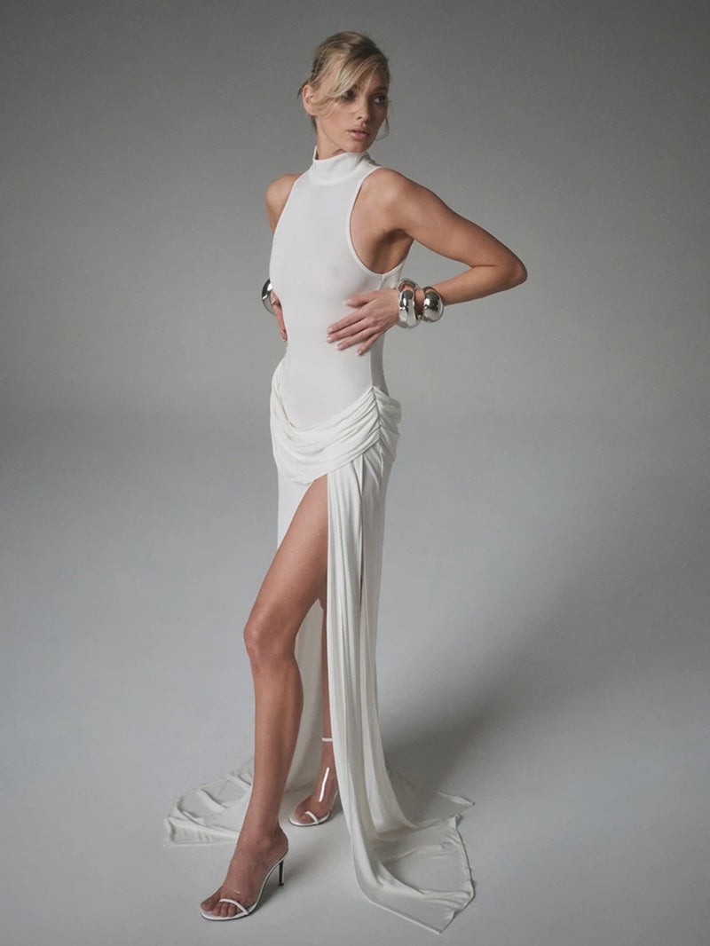 Turtleneck Off-Shoulder Sleeveless Thigh Split High Waist Pleated Maxi Dress for Women Elegant Fashion Club Party Dress