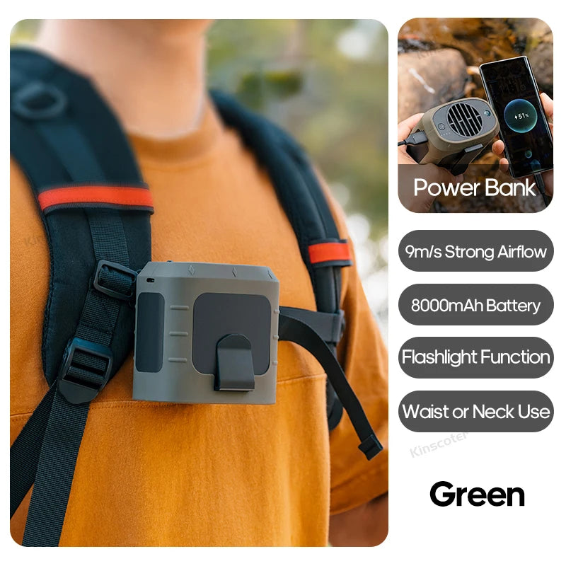 Mini 8000Mah Travel Wearable Waist Fan Camping Outdoor Rechargeable Cooling Fan with Night Light and Power Bank Air Circulator