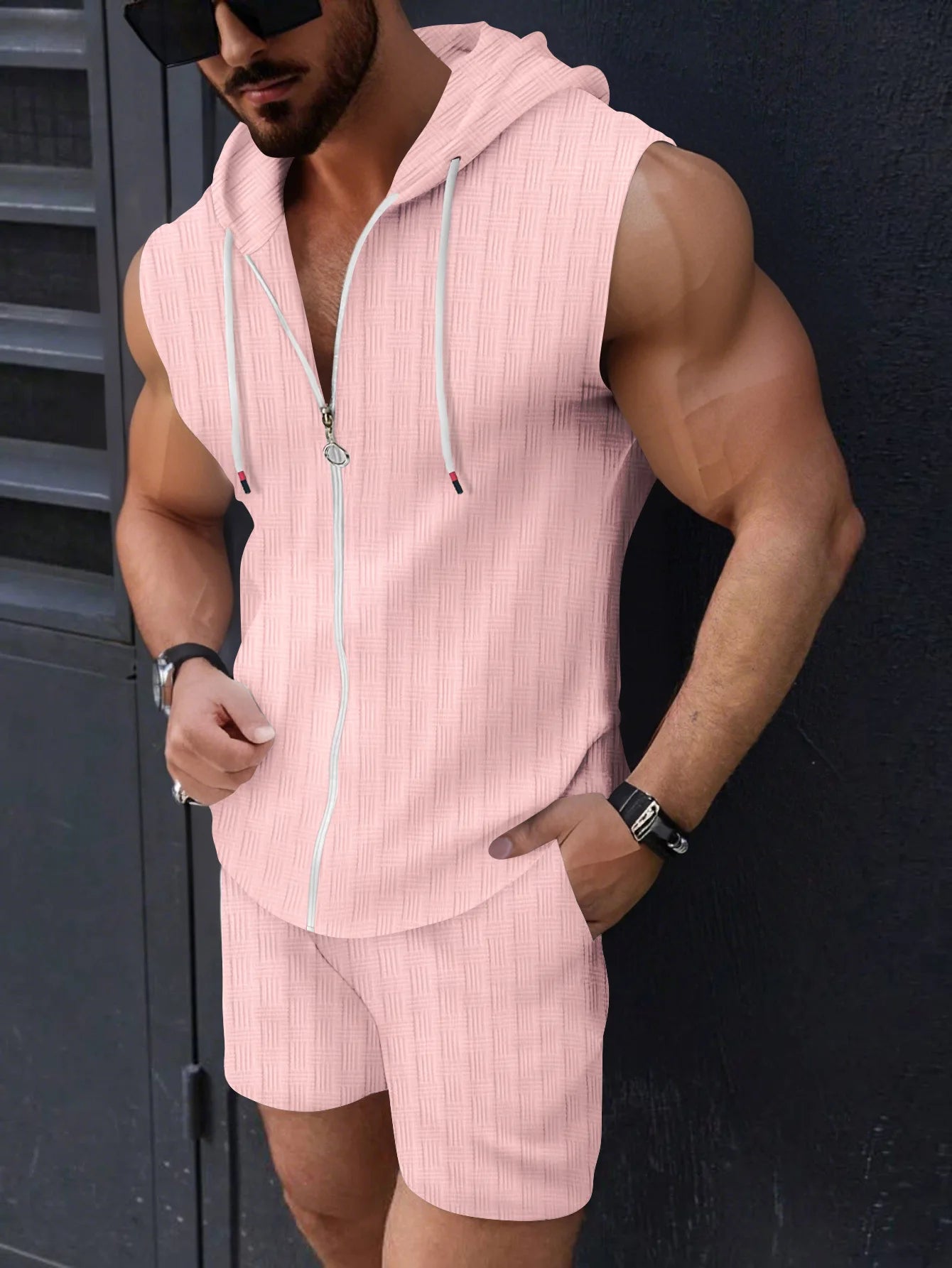 Summer Men'S New Fashion Hooded Sleeveless Solid Color Sun-Protective Clothing Tethered Shorts Muscle Sports Jacquard Set
