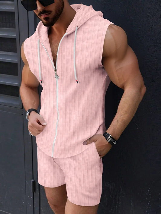 Summer Men'S New Fashion Hooded Sleeveless Solid Color Sun-Protective Clothing Tethered Shorts Muscle Sports Jacquard Set