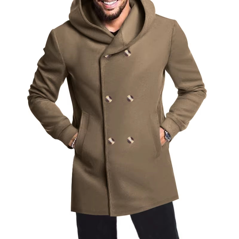2024 New Korean Men'S Trench Coat Long Spring and Autumn Windproof Warm Casual Fashion Solid Color Hooded Coat