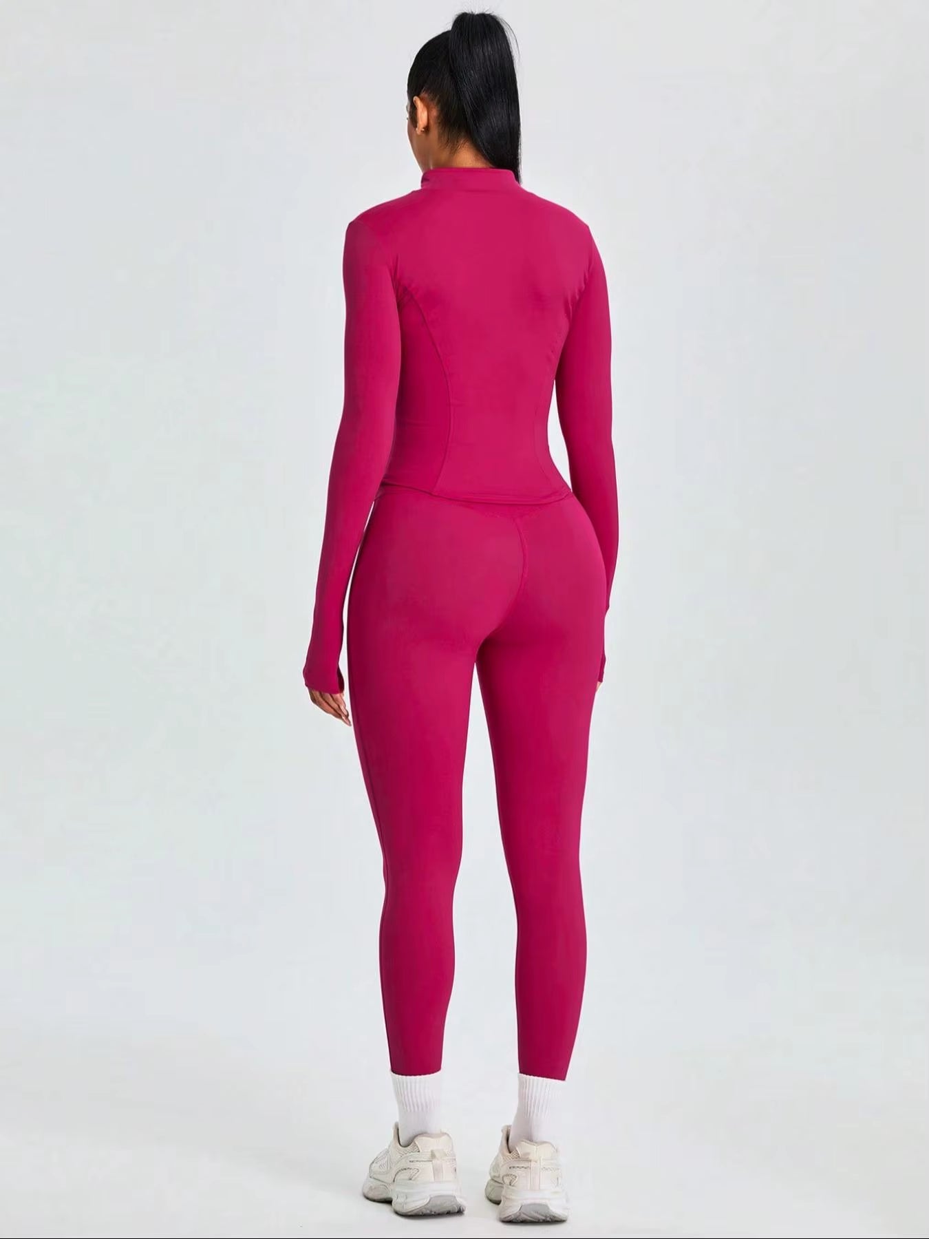 Two-Piece Set Women'S Solid Zip Upmock Neck Sports Jacket & Highwaist Leggings Set, Sportybreathable Quick Drying