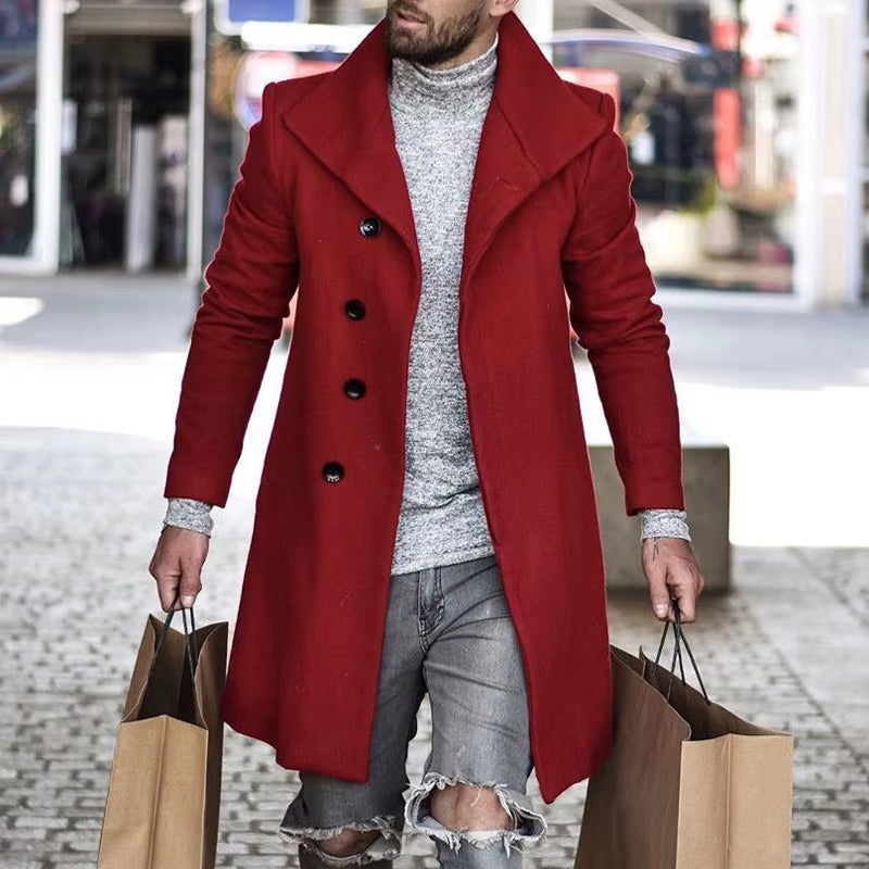 Men'S Long Wool Coat - Thickened Minimalist Trench with Stand Collar Urban Streetwear