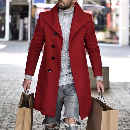 Men'S Long Wool Coat - Thickened Minimalist Trench with Stand Collar Urban Streetwear