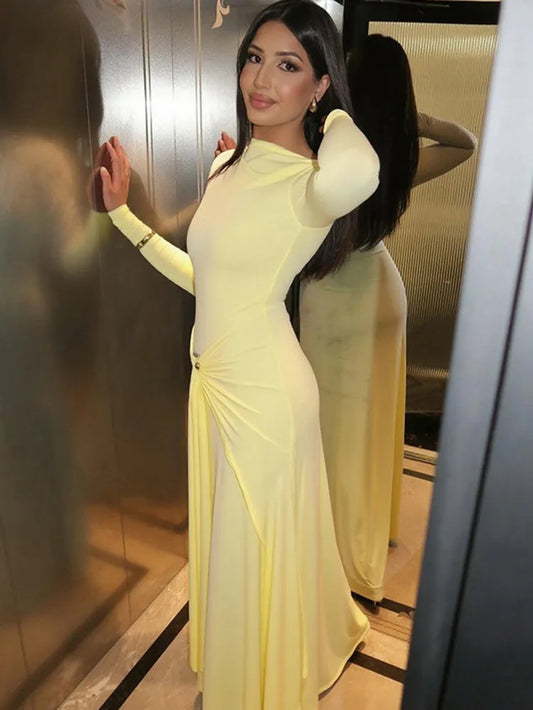 Elegant Long Sleeve Ruched Sexy Maxi Dress Women Gown Autumn Fashion Draped Bodycon Long Dresses Female Clothing